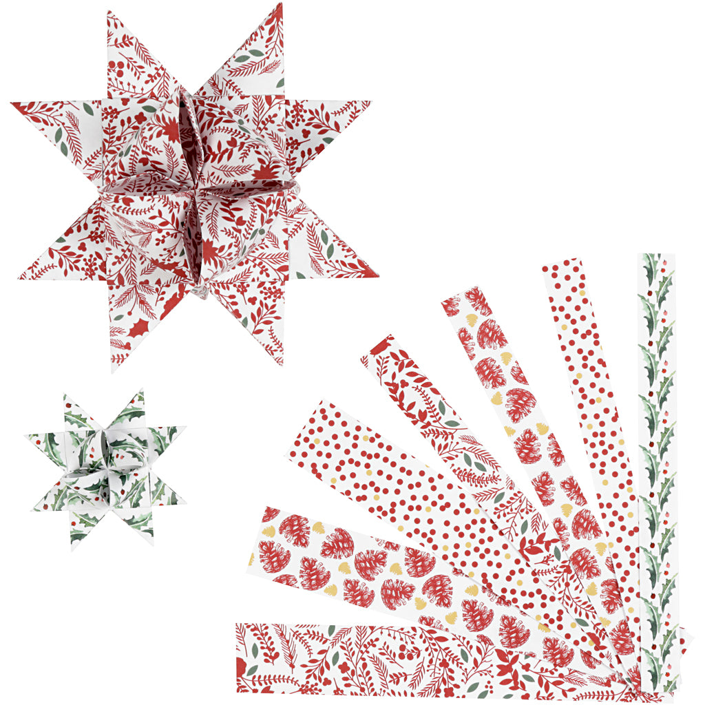 Papieren vlechtstroken, l: 44+78 cm, b: 15+25 mm, d 6,5+11,5 cm, rood, wit, 48 stroken 1 doos