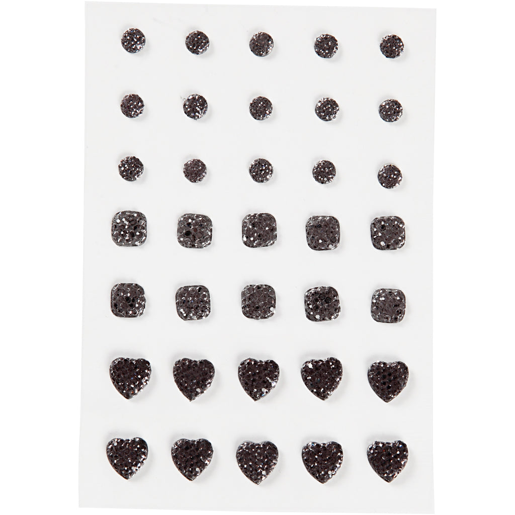 Strasstenen, rond, vierkant, hart, afm 6+8+10 mm, zwart, 35 stuk 1 doos