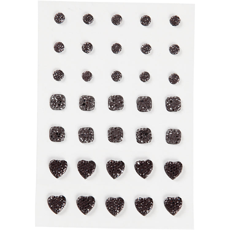 Strasstenen, rond, vierkant, hart, afm 6+8+10 mm, zwart, 35 stuk 1 doos