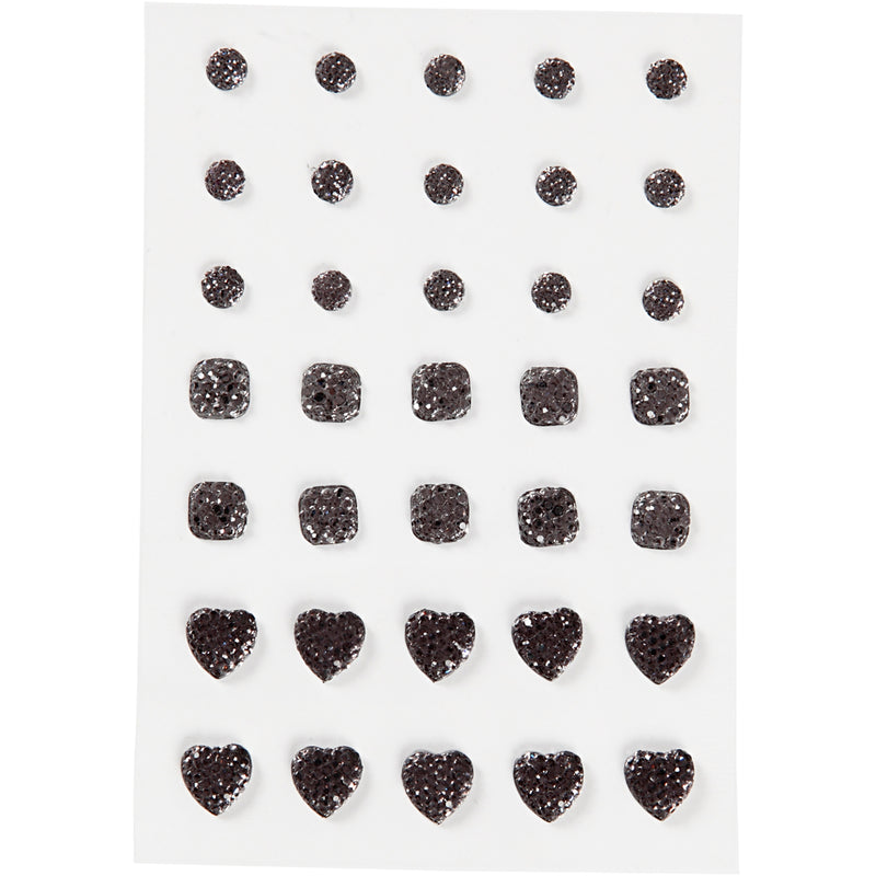 Strasstenen, rond, vierkant, hart, afm 6+8+10 mm, zwart, 35 stuk 1 doos