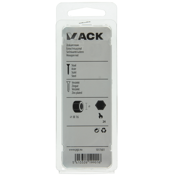 Mack 1017681 - zeskant moer staal verzinkt 3 st m 16 | 10 stuks