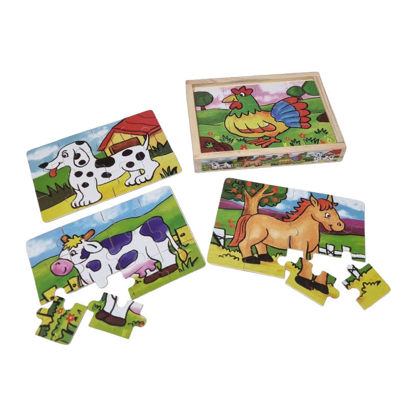 Playwood vier houten legpuzzels in kist - 12 stukjes