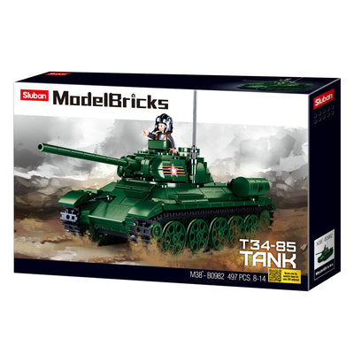 Sluban wwii t-34-85 tank bouwspeelgoed kinderen vanaf 8 jaar – constructiespeelgoed modelbouw – bouwdoos met 497 bouwstenen – m38-b0982