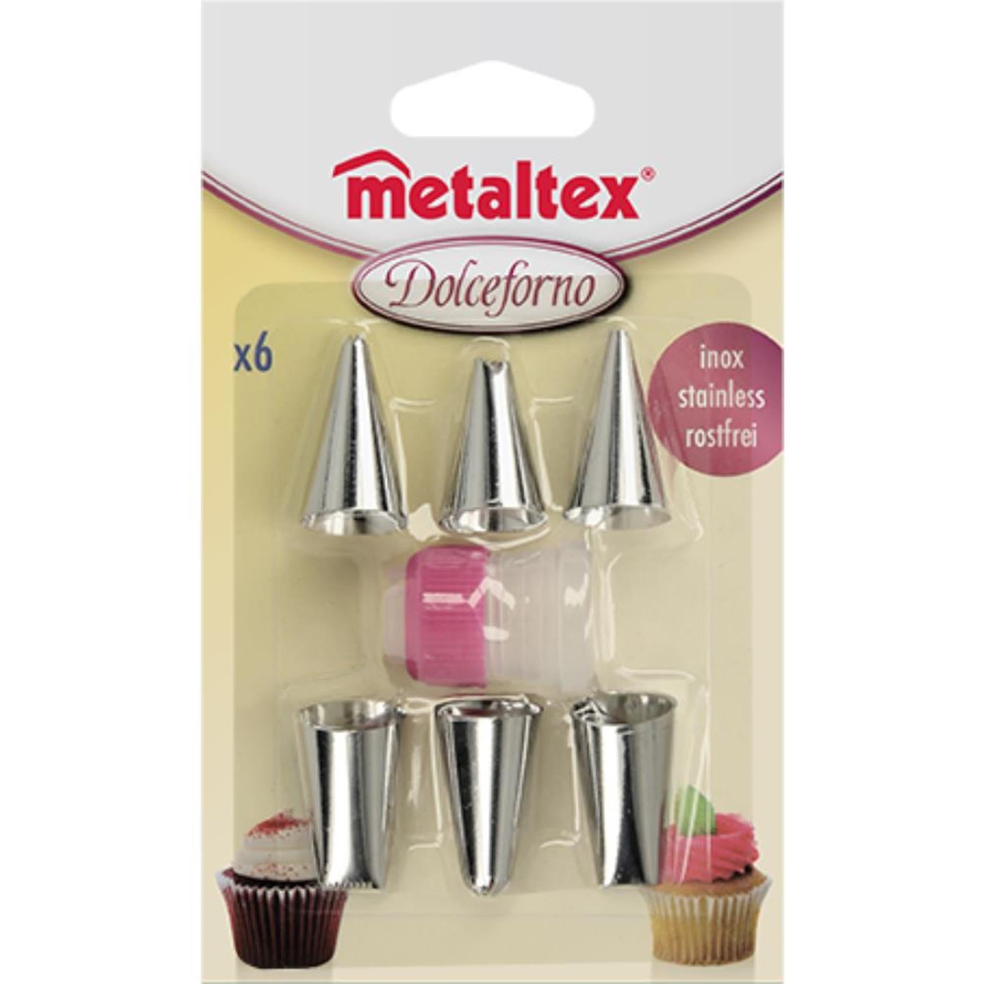 Metaltex dolceforno 6 rvs spuitmondjes met adapter op kaart