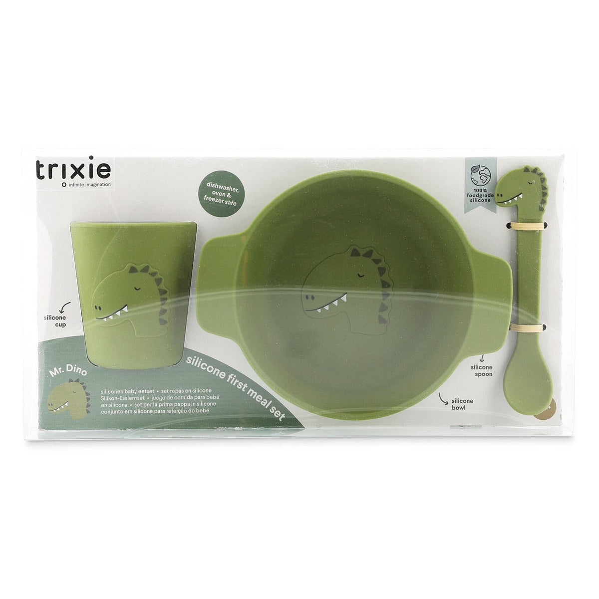 Trixie siliconen baby eetset mr. dino - perfect kraamcadeau - babyshower gift - set met lepel, beker en kom.