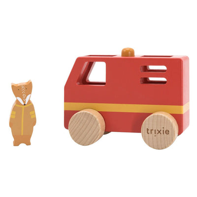 Trixie houten mini brandweerwagen - speelgoedvoertuig in duurzaam hout - leuk voor jongens en meisjes - met mr. fox