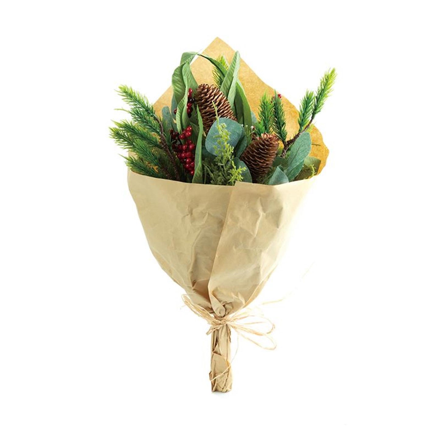 House of nature boeket kunst bloemen in multikleur 26x25x46cm met denneappels en kersttakjes in papieren verpakking