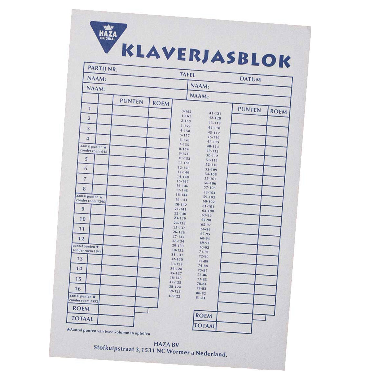 Haza witbaard klaverjasblok, 50 vellen