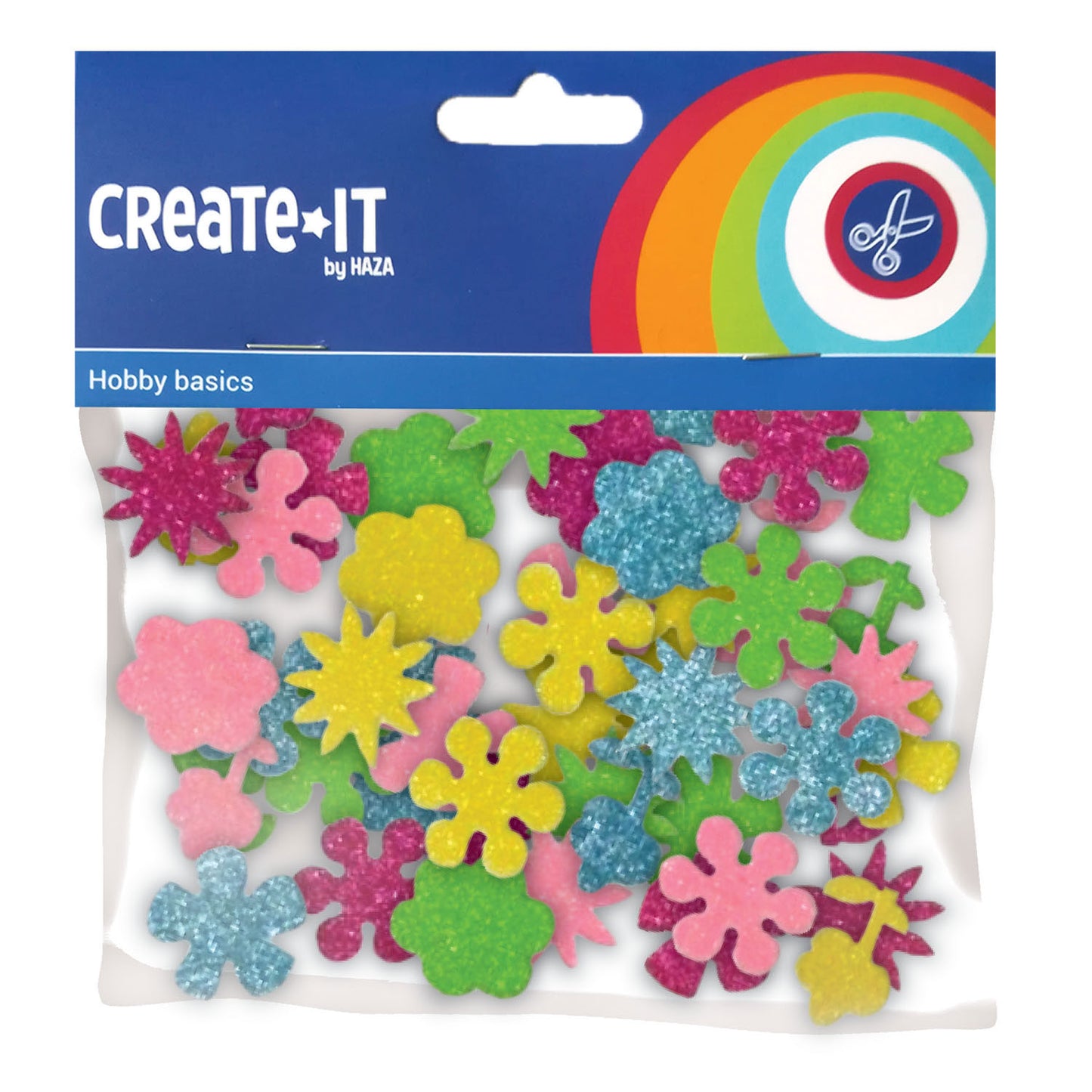 Haza witbaard foamstickers bloemen glitter, 25st.