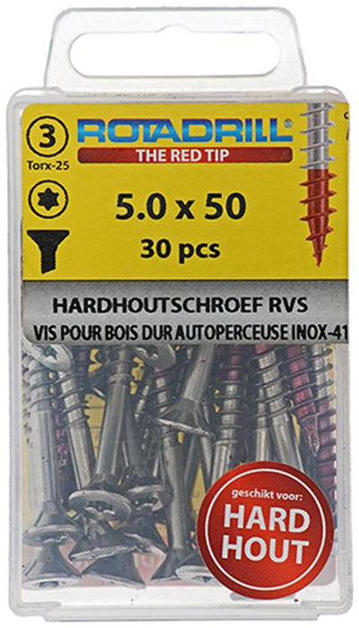 Rotadrill 1039904 - hardhoutschroef zelfb.sppls.rvs t25 5.0x50mm (30) | 6 stuks
