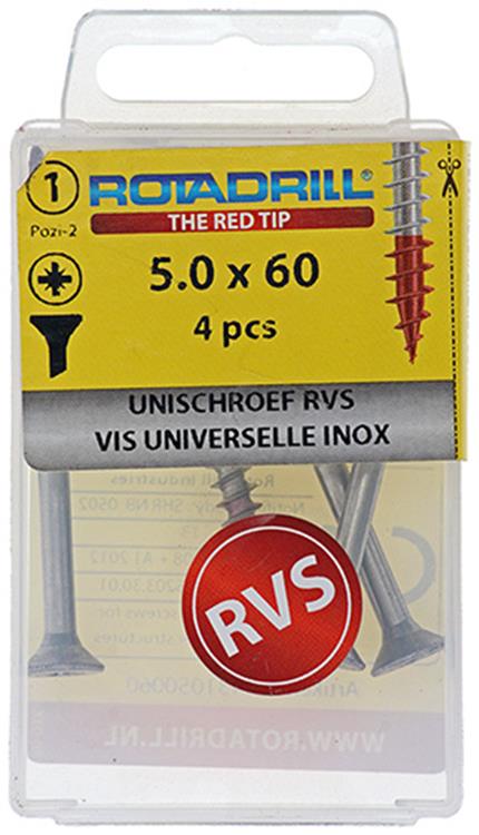 Rotadrill 1039862 - universeelschroef vk pzd rvs-a2 5.0x60mm (4) | 6 stuks