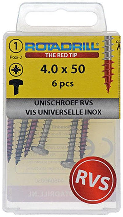 Rotadrill 1039895 - universeelschroef ck pzd rvs 4.0x50mm (6) | 6 stuks