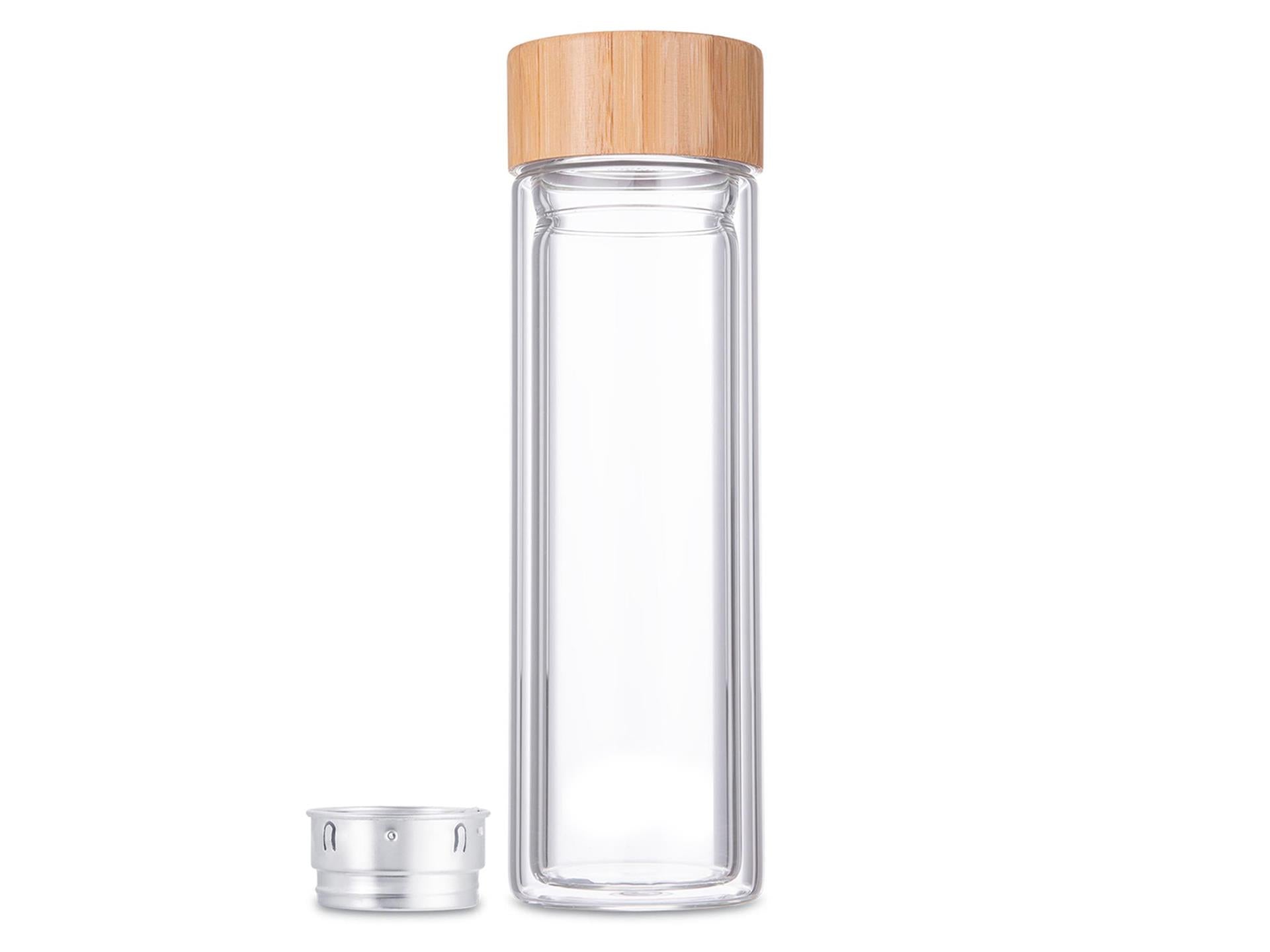 Svenska living dubbelwandige infusiefles drinkfles glas bamboe 400ml met rvs zeef