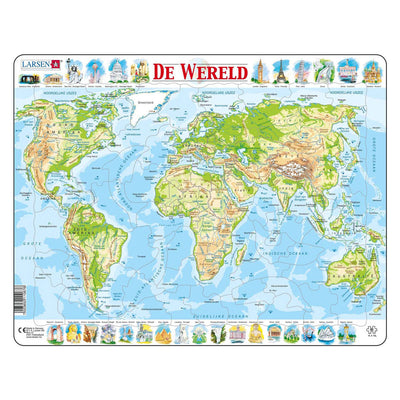 Larsen legpuzzel kaart wereld - geografisch, 80st.