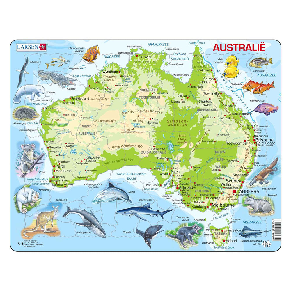 Larsen legpuzzel kaart australie geografisch met dieren, 65st.