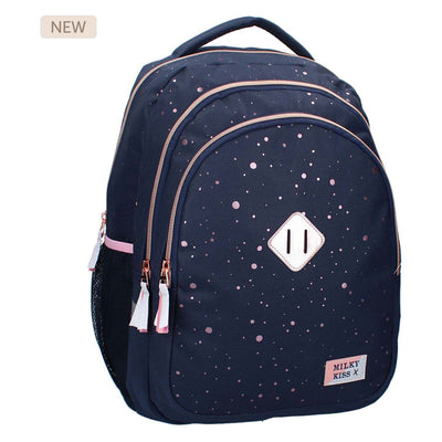 Milky kiss rugzak divine days donkerblauw met roze stippen, 3-vaks