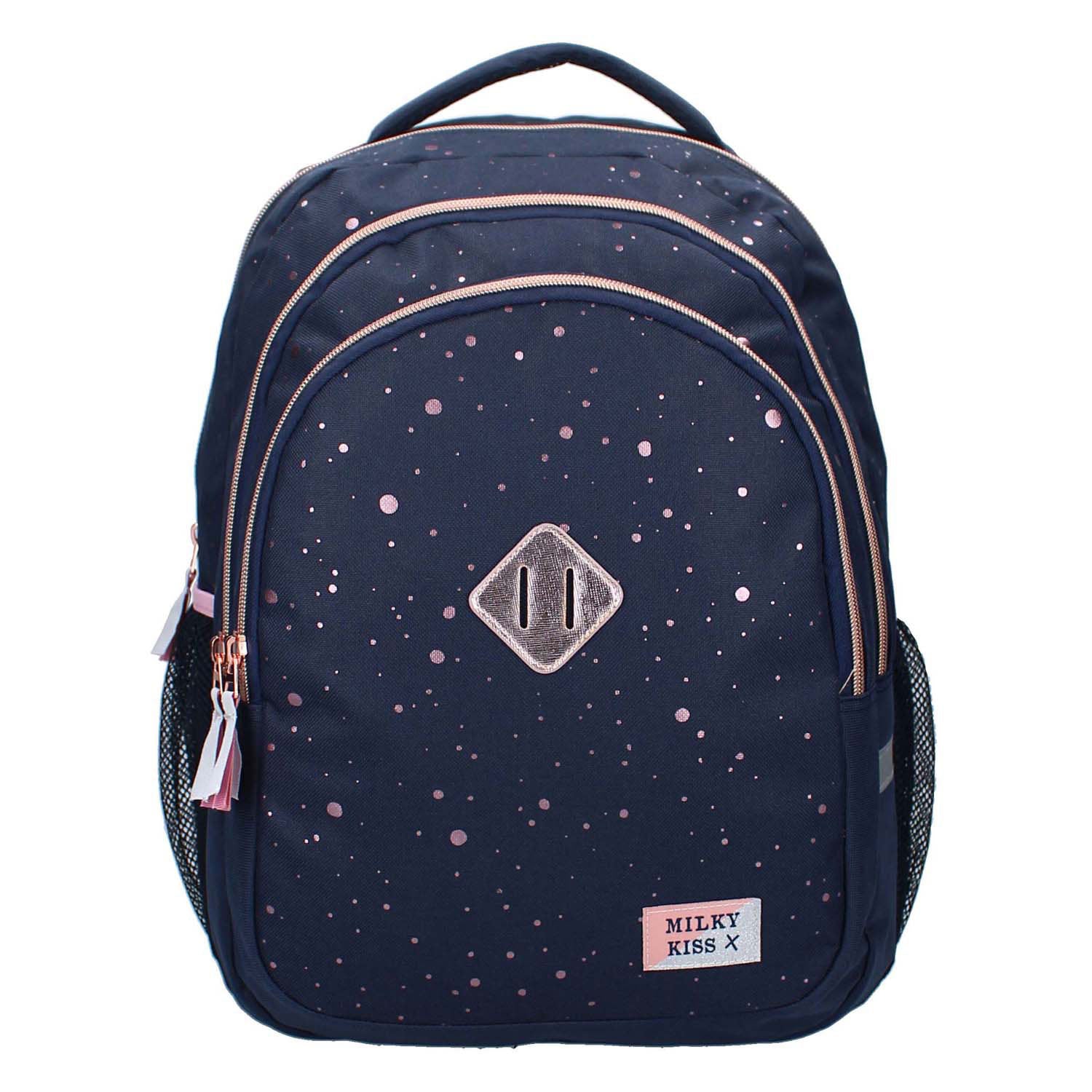 Milky kiss rugzak divine days donkerblauw met roze stippen, 3-vaks