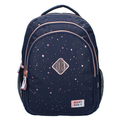 Milky kiss rugzak divine days donkerblauw met roze stippen, 3-vaks