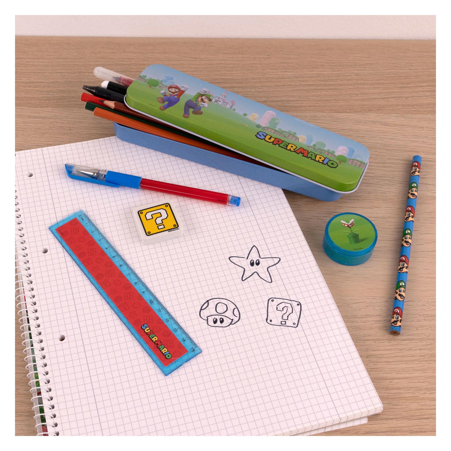 Undercover gmbh undercover super mario schoolset - 7-delig blik met schrijfwaren.