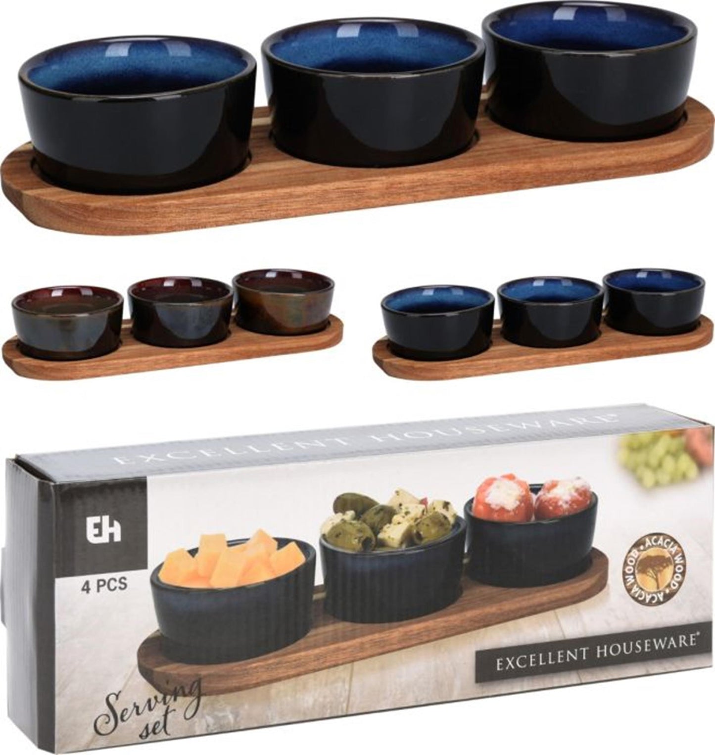 Excellent houseware serveerset op plank 4-delig 32,5x11x5cm