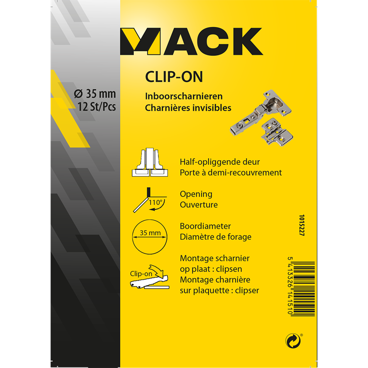Mack 1015227 - 12 inboorscharnieren clip on 35mm 110° half opliggende deur | 5 stuks