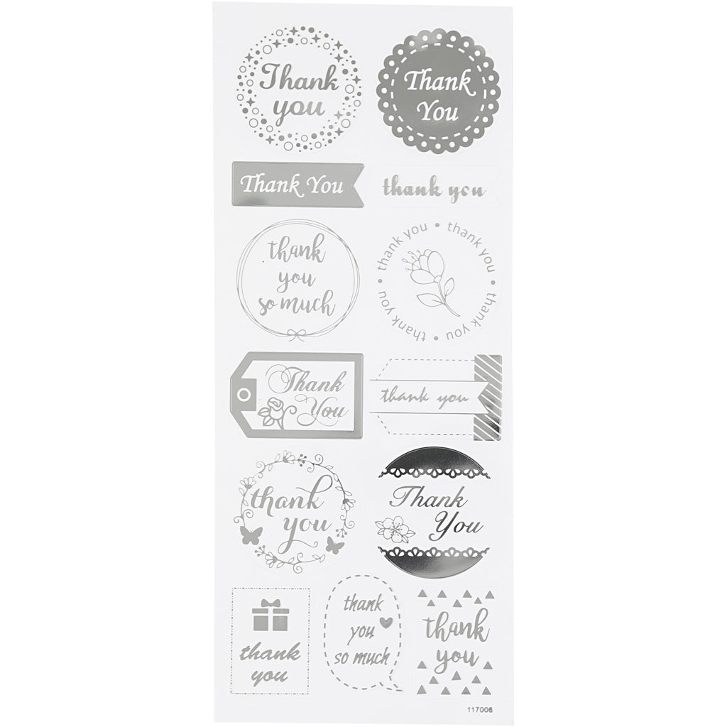 Creativ company stickers, thank you, vel 10x24 cm, ca. 13 stuk, zilver, 1 vel