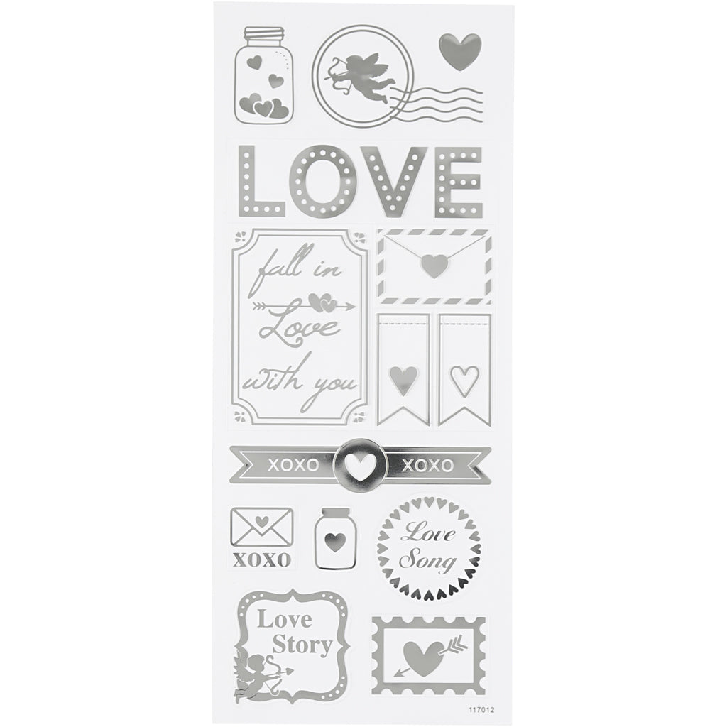 Creativ company stickers, love, vel 10x24 cm, ca. 14 stuk, zilver, 1 vel