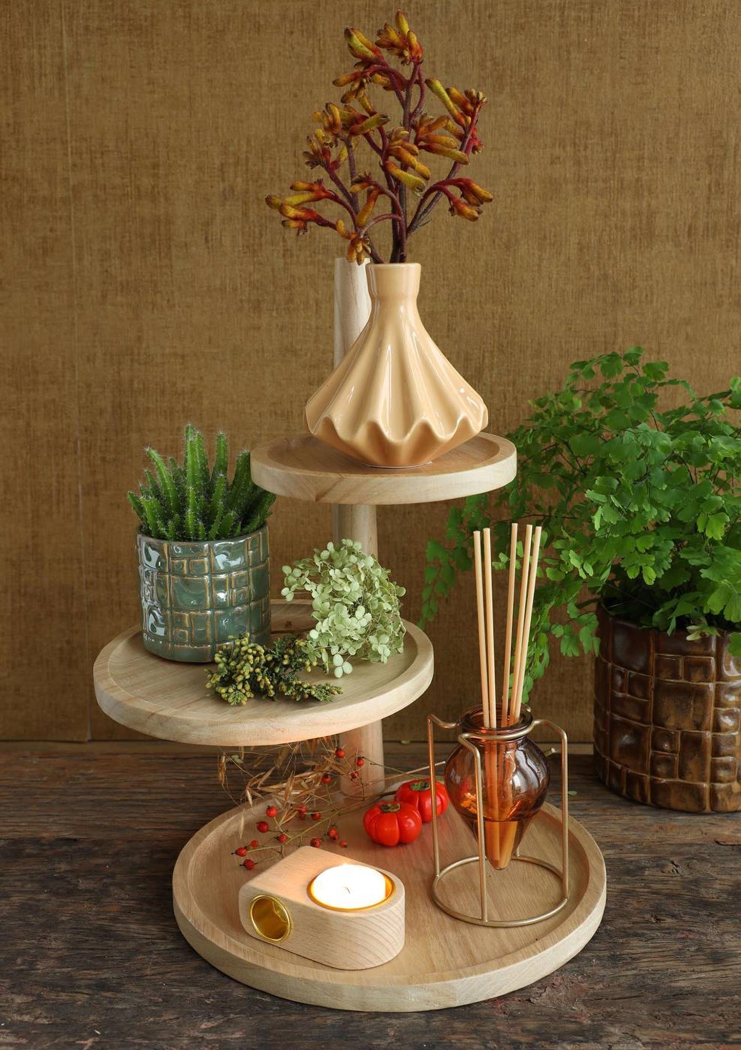 Ideas 4 seasons etagere hout met 3 plateaus h37, dia 25,5 20,5 15,5 cm