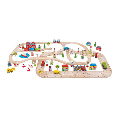 Bigjigs houten treinbaan en autoweg set, 105-delig