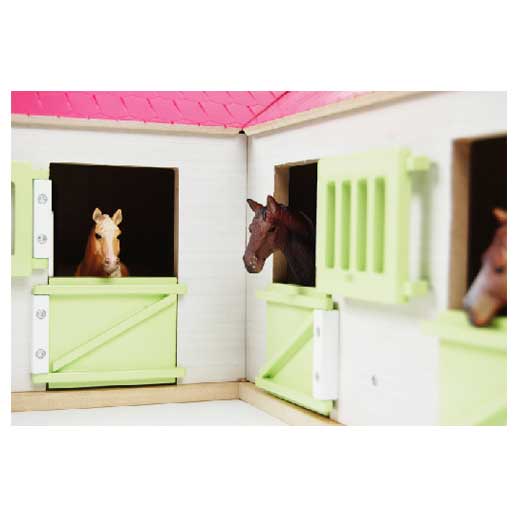 Kids globe paardenhoekstal met 3 boxen en berging 1:24 68x77x27cm roze (exclusief accessoires)
