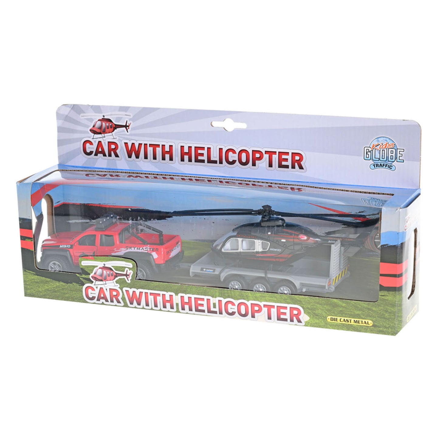 Kids globe terreinwagen met helikopter trailer