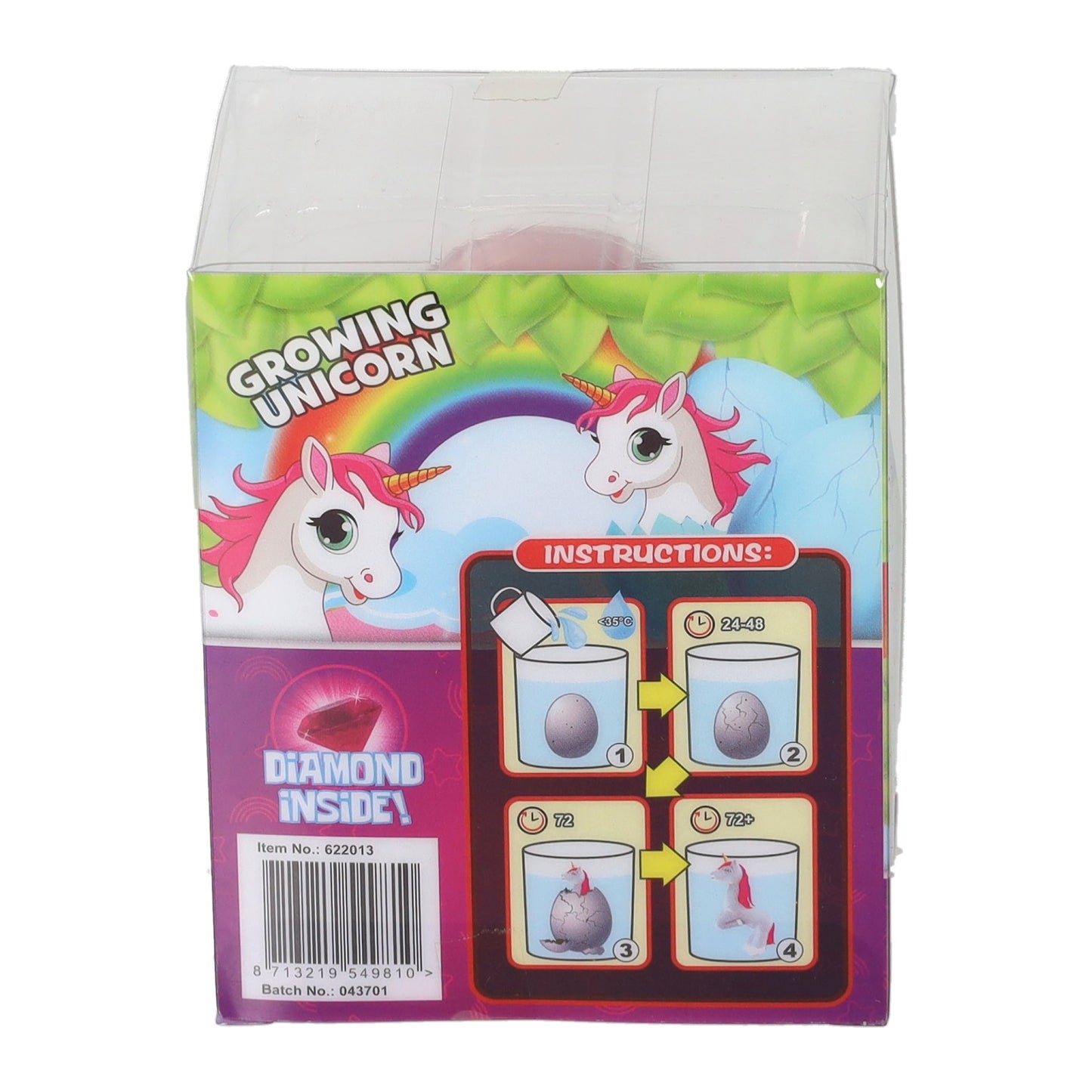 Unicorn ei met groeiende eenhoorn en diamant 8cm 6 assorti