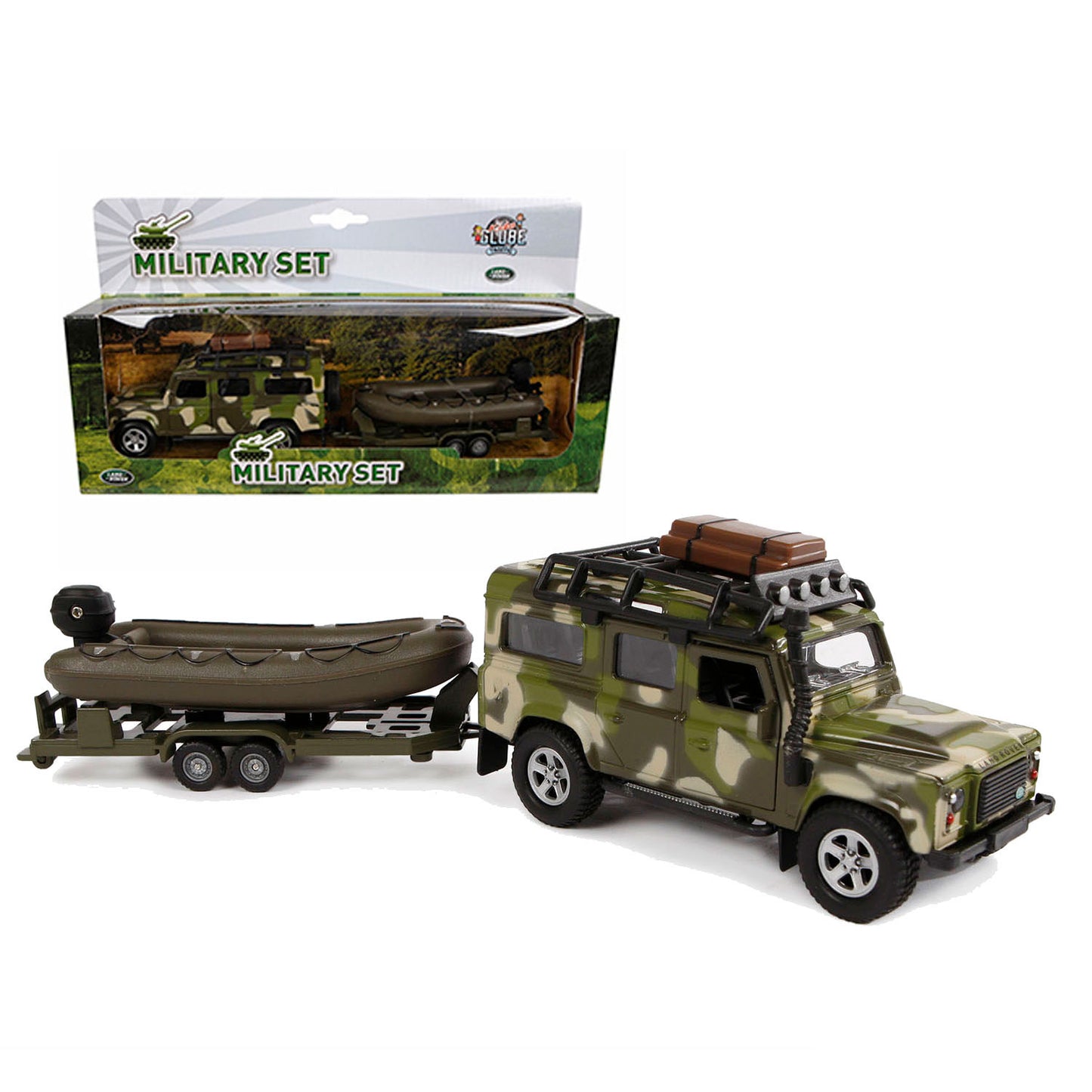 Kids Globe Die-cast Land Rover met Aanhanger en Boot Leger