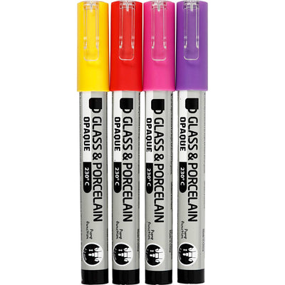 Creativ company glas- porseleinstiften, lijndikte 1-2 mm, semi-dekkend, oranje, paars, lichtrood, geel, 4 stuk 1 doos