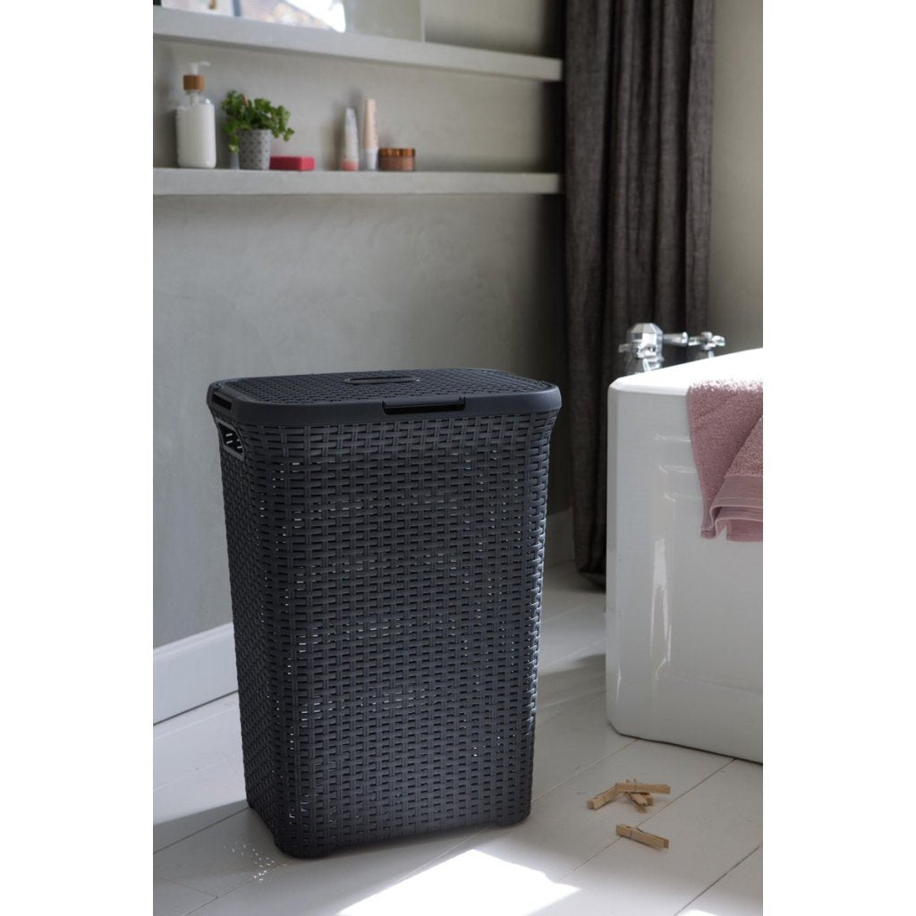 Curver style wasbox met deksel rotanstyle 60 liter antraciet 45x34x62 cm