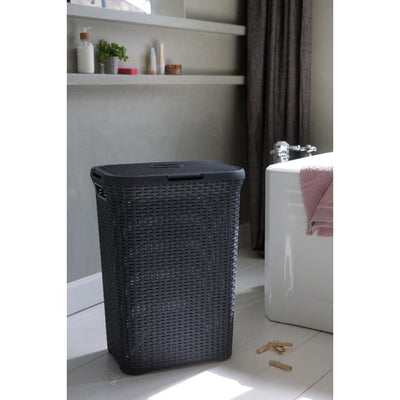 Curver style wasbox met deksel rotanstyle 60 liter antraciet 45x34x62 cm