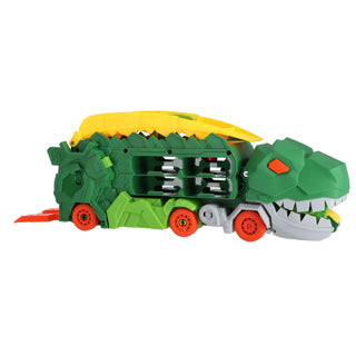 No brand kiddygo transporter dino speelgoed met 2 diecast auto's en racebaan.
