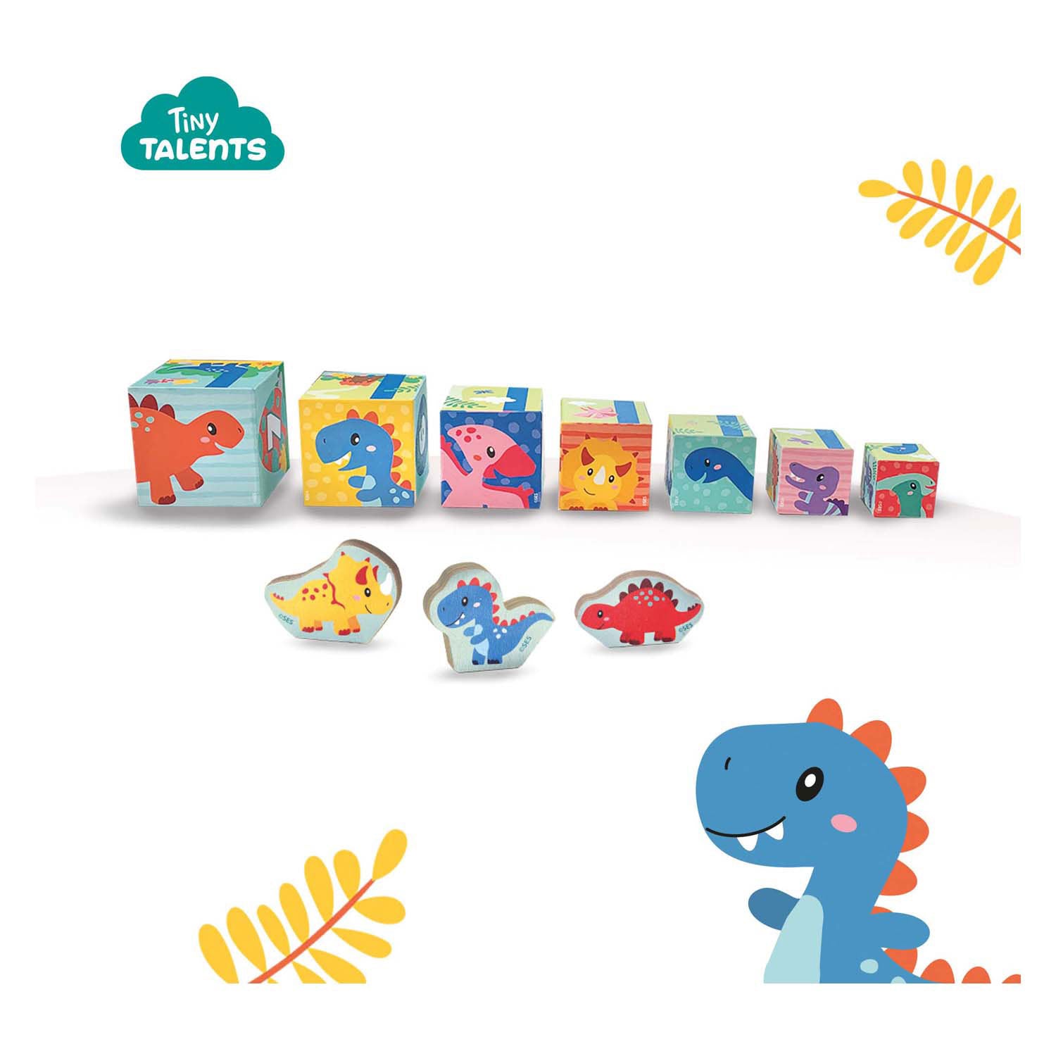 Ses stapelblokken toren met dino figuren