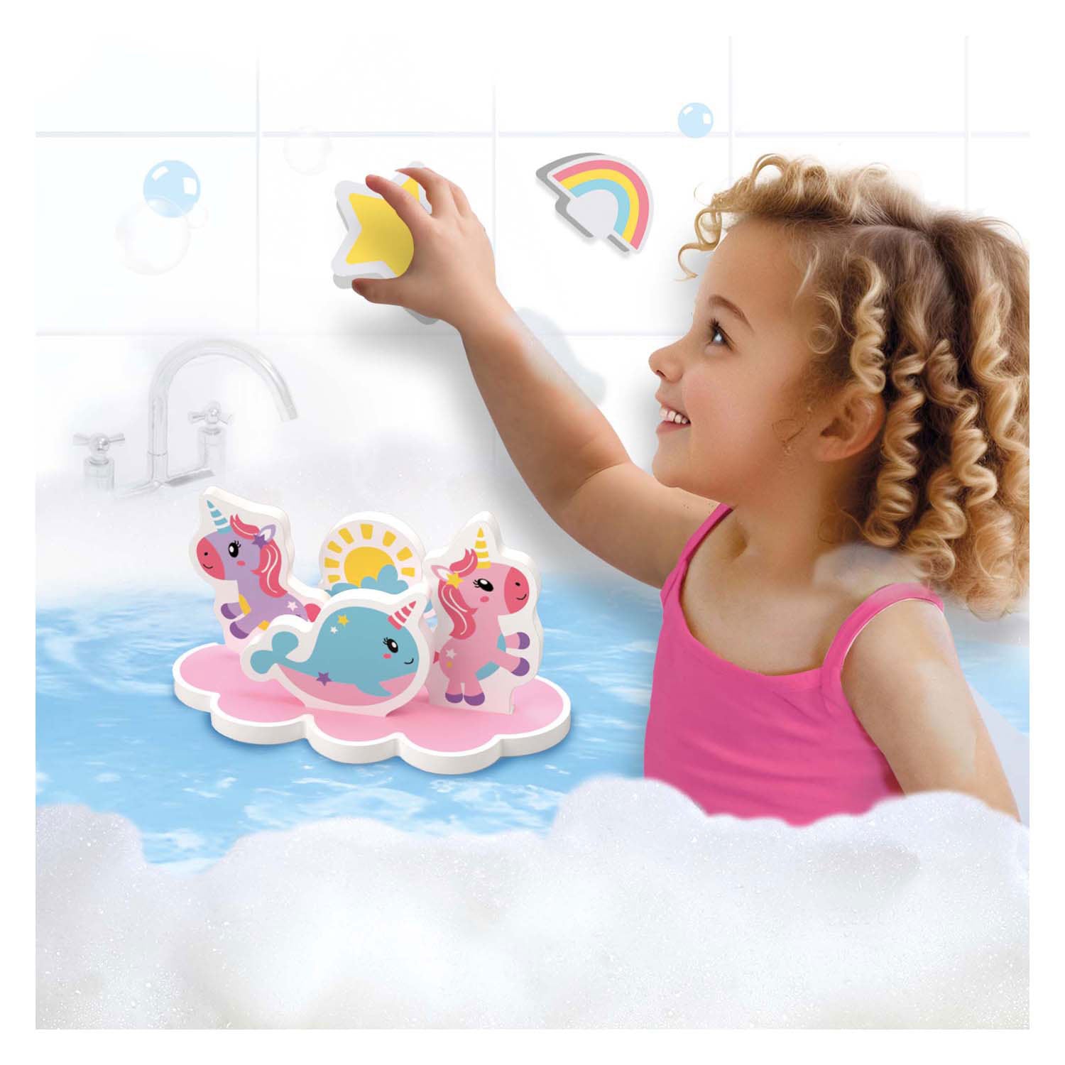 Ses creative - tiny talents - eenhoorn bad eiland - foam eenhoorns - drijvend badspeelgoed - stimuleert fantasie - creatief spelen - baby badspeelgoed - eenhoorn speelgoed