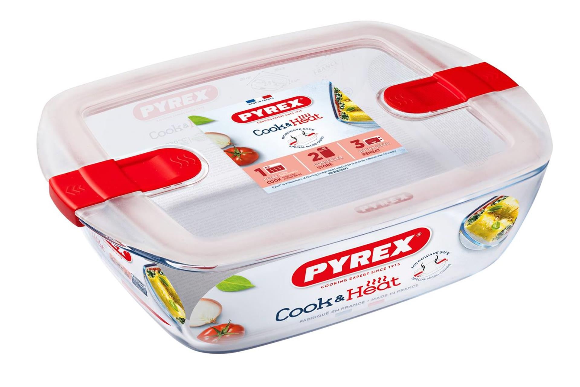Pyrex cook heat rechthoekige schaal met deksel 1,1l 23x15x6cm