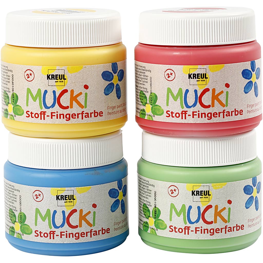 Creativ company muck vingerverf, blauw, groen, rood, geel, 4x150 ml 1 doos