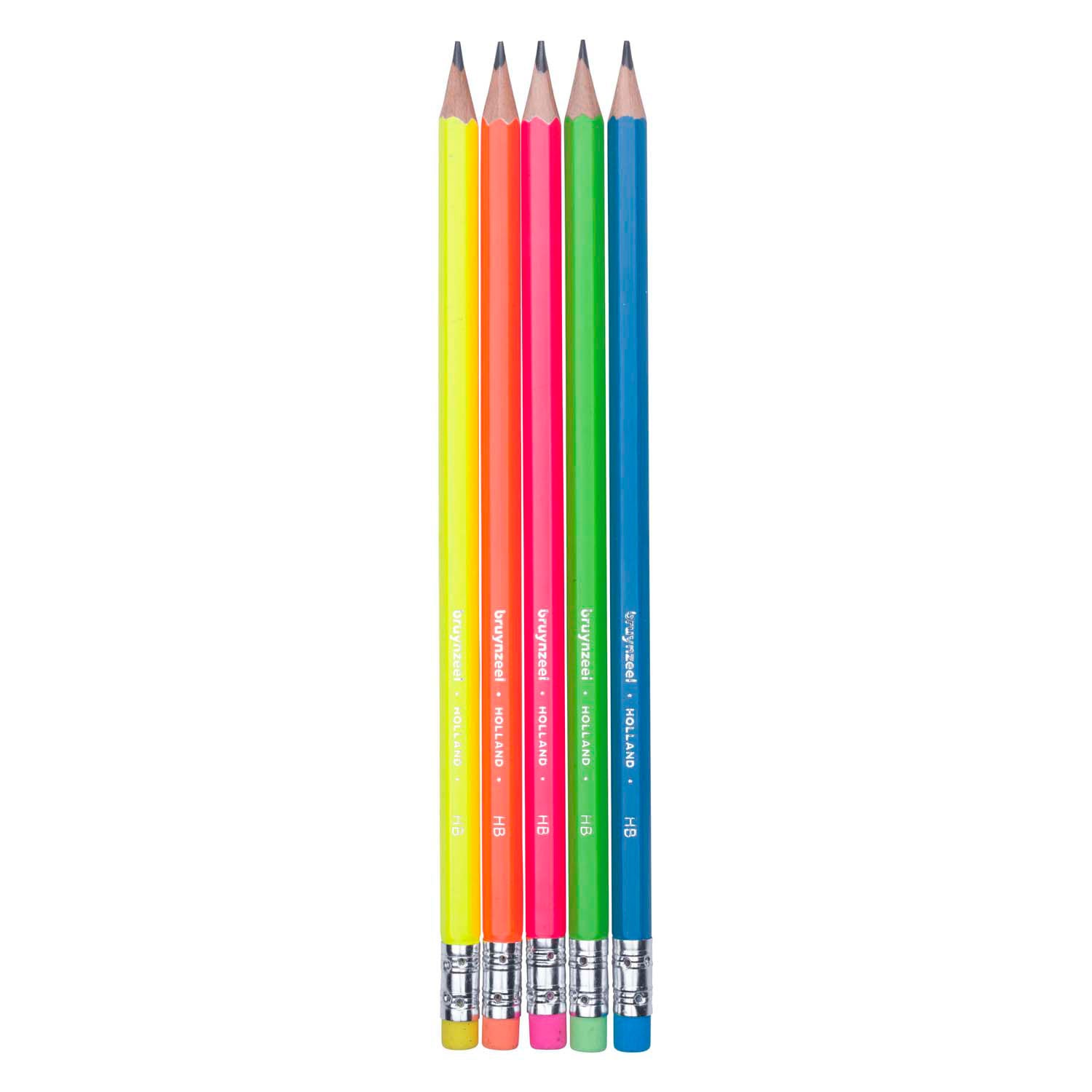 Bruynzeel grafietpotlodenset neon, 5 hb potloden met gum