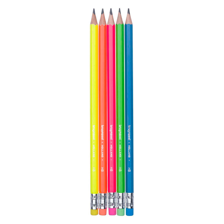 Bruynzeel grafietpotlodenset neon, 5 hb potloden met gum