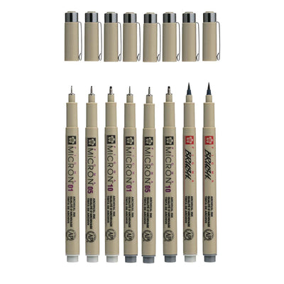 Sakura pigma micron fineliner set | 8 pennen, licht koelgrijs koelgrijs