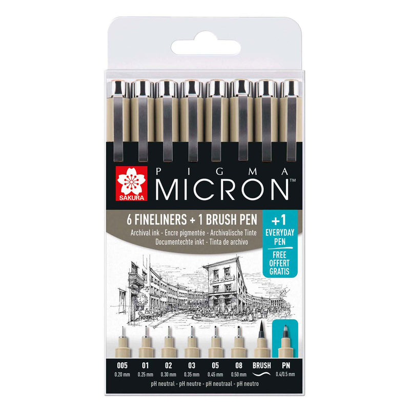 Sakura pigma micron fineliners - etui promotieset - 7 fineliners zwart en 1 pigma micron pn