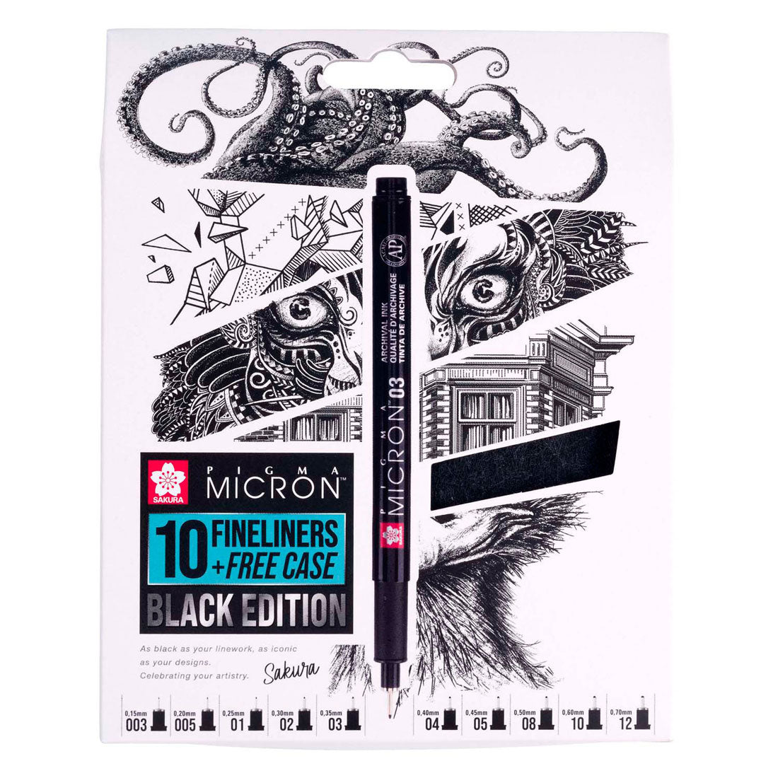 Sakura • pigma micron black edition set + gratis etui | 10 pennen, zwart