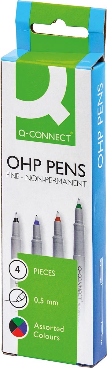 Q-connect ohp marker, non permanent, fijn, set van 4 stuks in geassorteerde kleuren