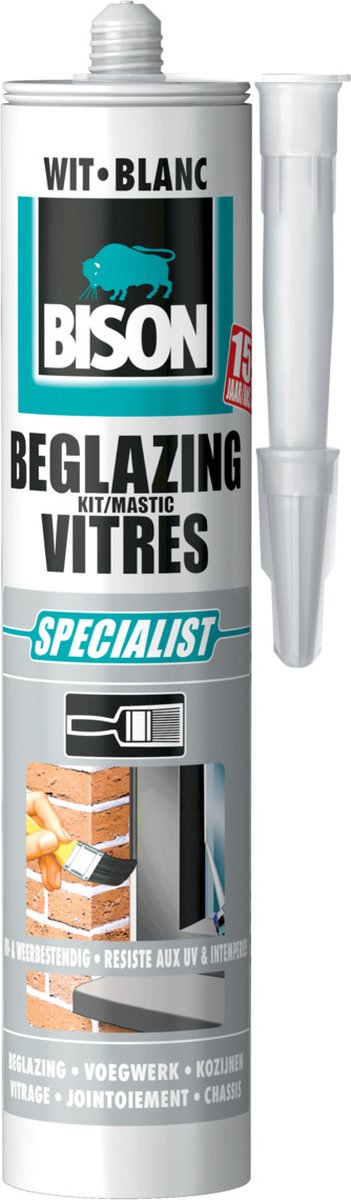 Bison beglazingskit wit koker 290 ml, overschilderbaar, waterbestendig, afdichtingskit, voor voegen bij enkel- en dubbelglas, binnen en buiten toepasbaar