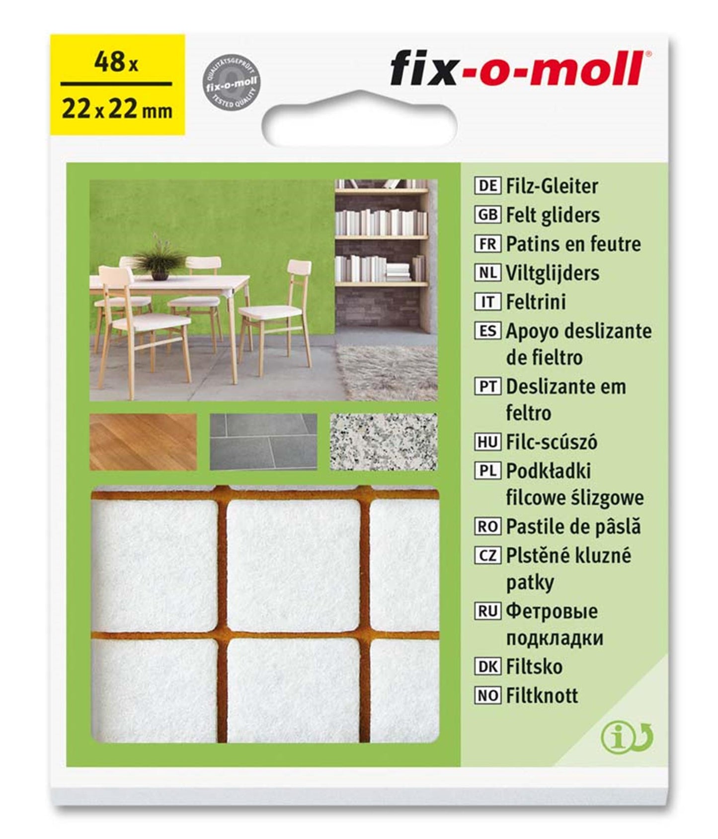 Fix-o-moll viltglijder 22x22mm 48 stuks wit