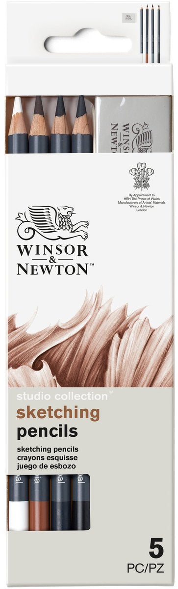 Winsor newton 0490009 studio collection sketchpotloden set x5 met gum – houtskool sepia tekenpotloden voor schetsen